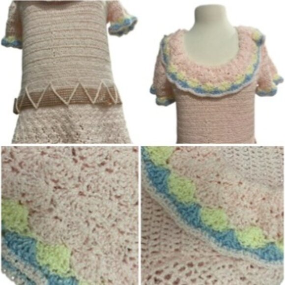 Vintage Handmade Crochet women Barbie style Dress With Scallop Trim Zigzag Belt - Picture 13 of 16